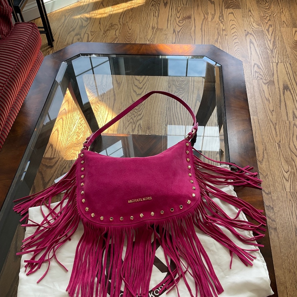 Michael Kors hot pink luxurious chic suede fringe boho purse new